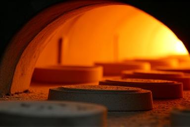 Nahaufnahme des geöffneten Brennofens mit glühenden Keramikstücken