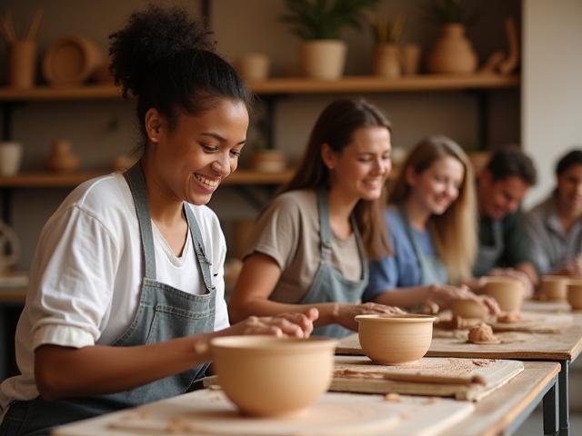 Lachende Teilnehmer bei einem Keramik-Workshop